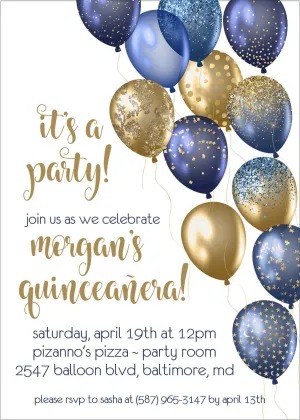 Navy Blue And Gold Balloon Quinceanera Invitations