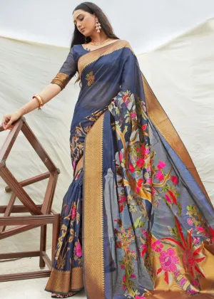 Navy Blue and Grey Handloom Woven Silk Saree