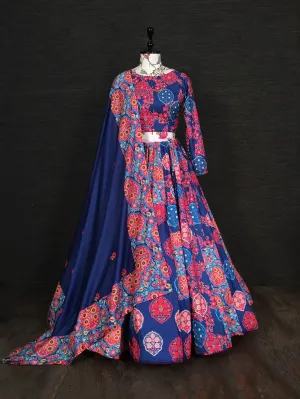 Navy Blue Color Printed Vaishali Silk Heavy Lehenga Choli With Muslin Dupatta