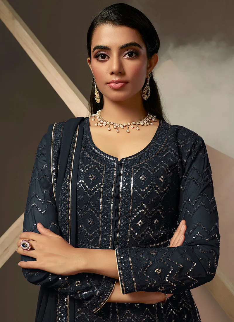 Navy Blue Lucknowi Embroidered Anarkali Gown