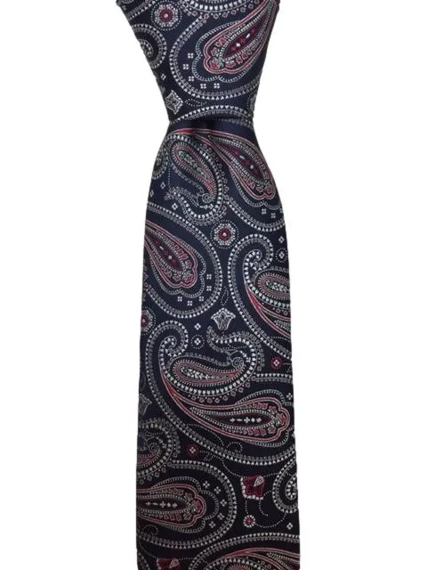 Navy Blue, Red and Silver Paisley Tie