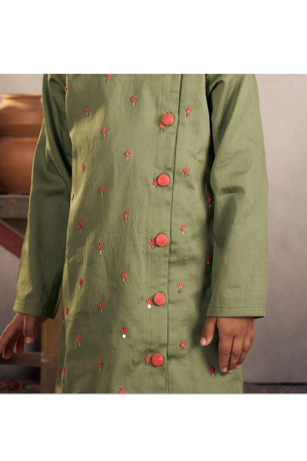 Olive Green With Hand Embroidered Kurta and Pyjama Set