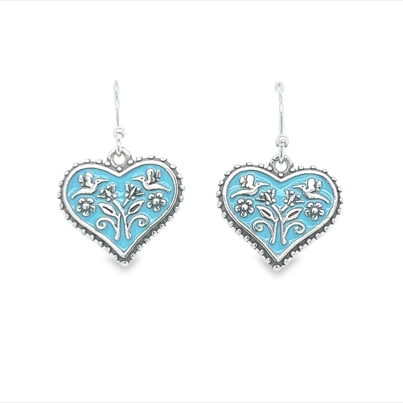 P356 Light Blue Heart Flower Hook Earrings