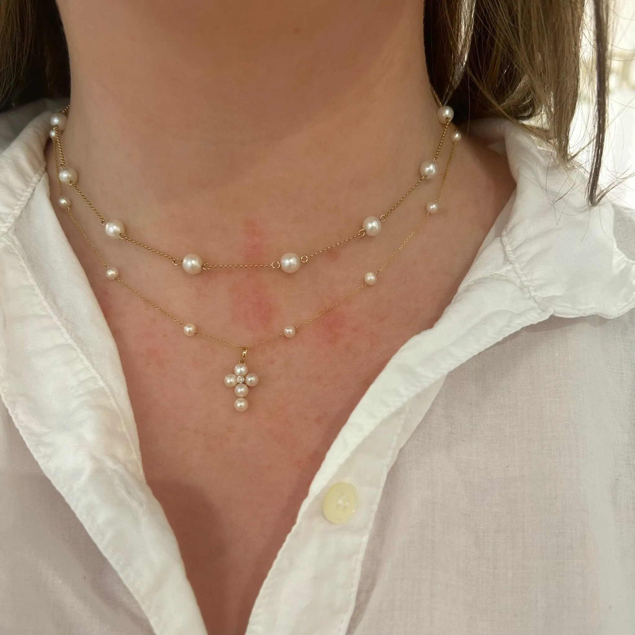 Pearl Station Cross Necklace