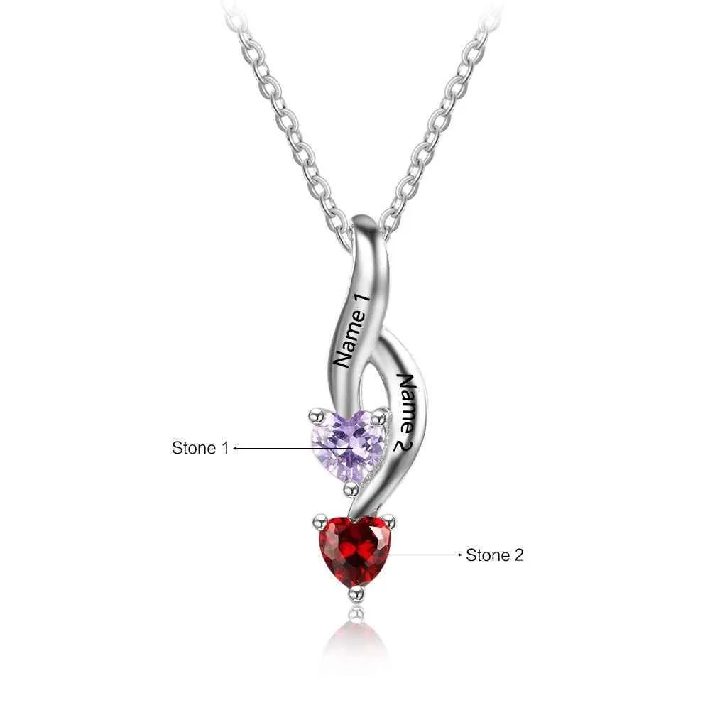 Personalized 925 Sterling Silver Fashion Necklace, Two Name & Two Heart Birthstone Engraved Pendant, Jewelry Gift for Her