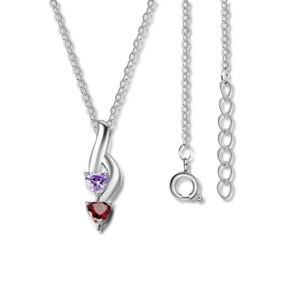 Personalized 925 Sterling Silver Fashion Necklace, Two Name & Two Heart Birthstone Engraved Pendant, Jewelry Gift for Her