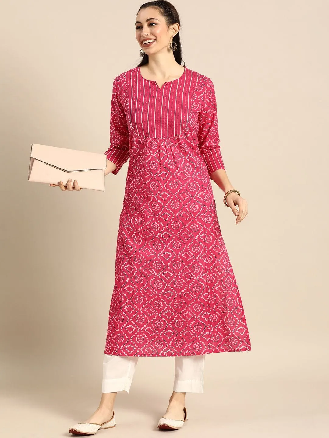 Pink & White Bandhani Printed Kurta