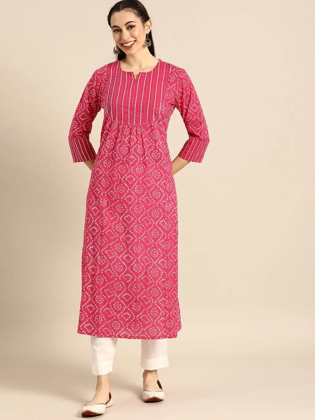 Pink & White Bandhani Printed Kurta