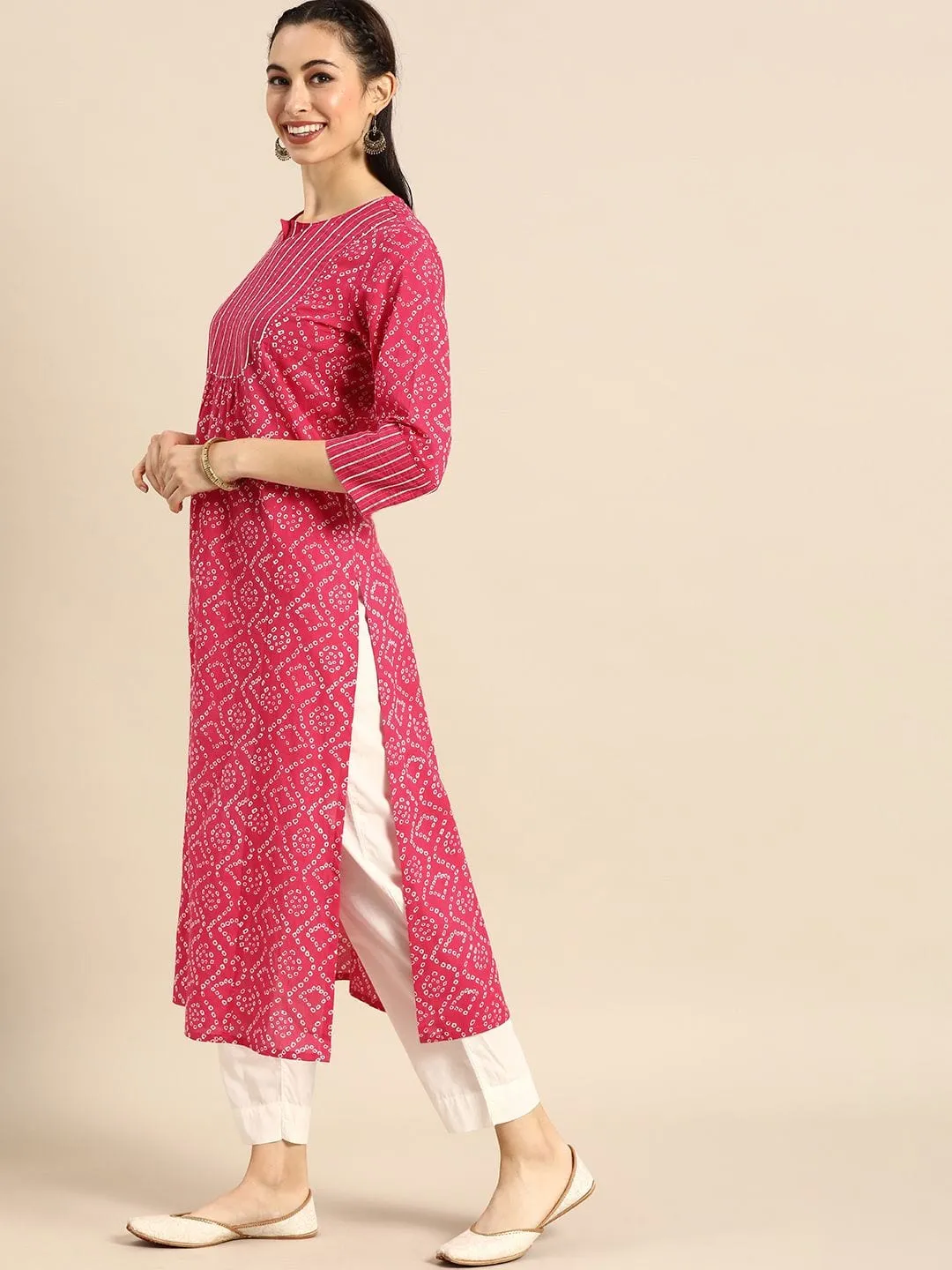 Pink & White Bandhani Printed Kurta