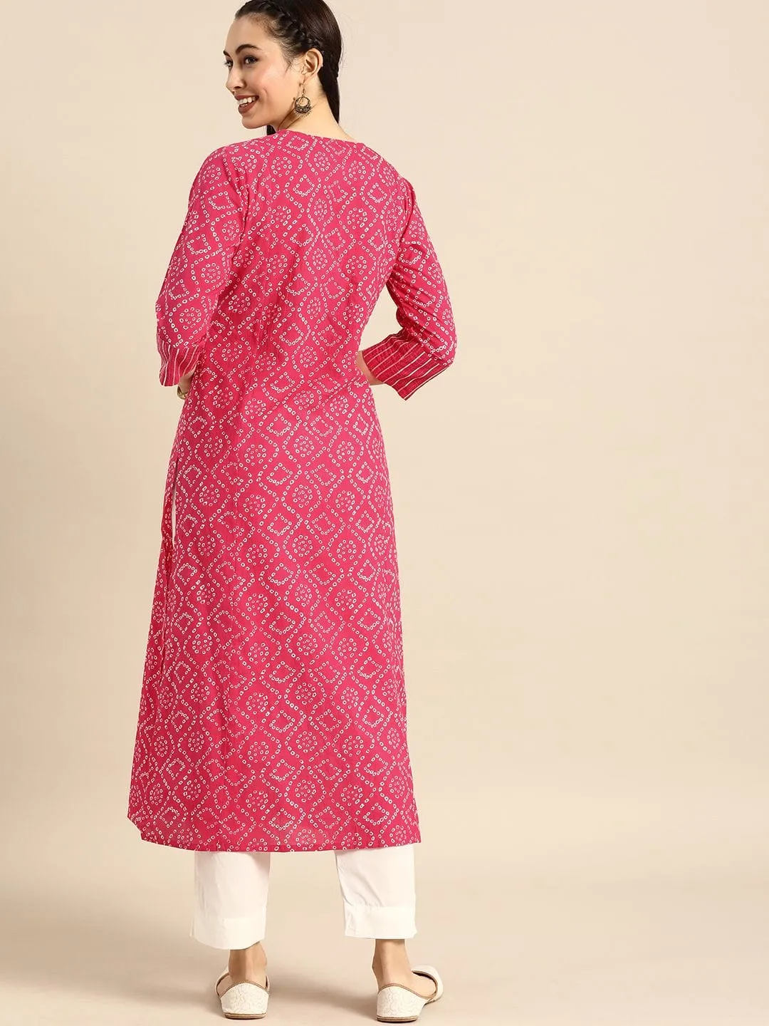 Pink & White Bandhani Printed Kurta