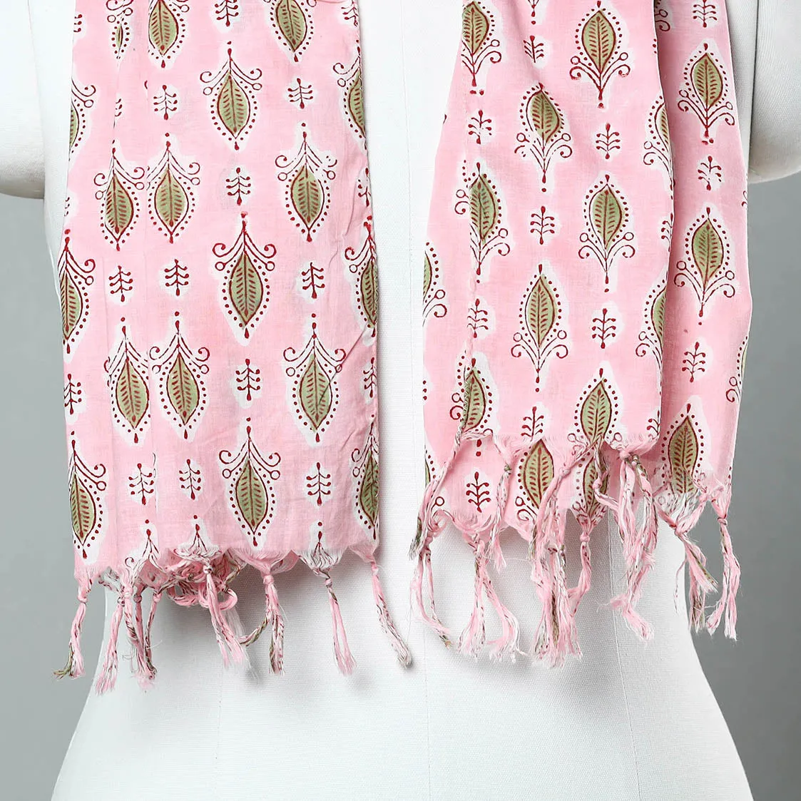 Pink - Sanganeri Block Printed Cotton Stole with Tassels 13