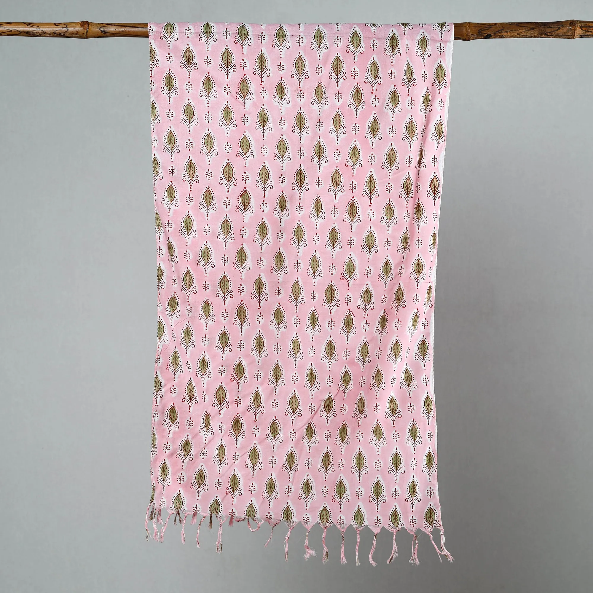 Pink - Sanganeri Block Printed Cotton Stole with Tassels 13