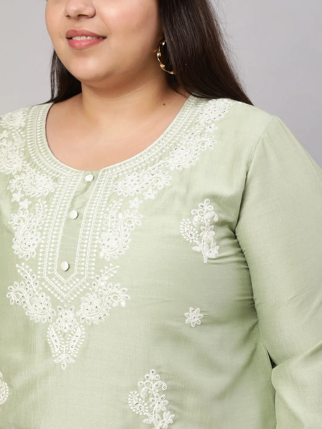 Plus Size Olive Green Chikankari Straight Kurta