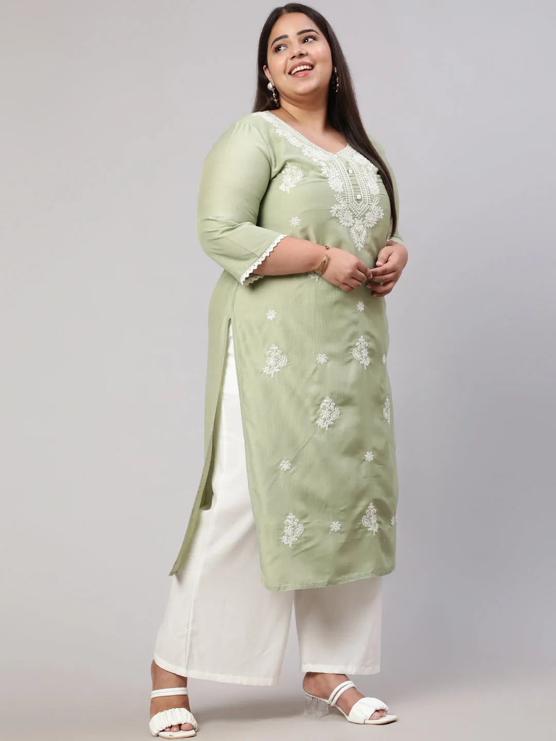 Plus Size Olive Green Chikankari Straight Kurta