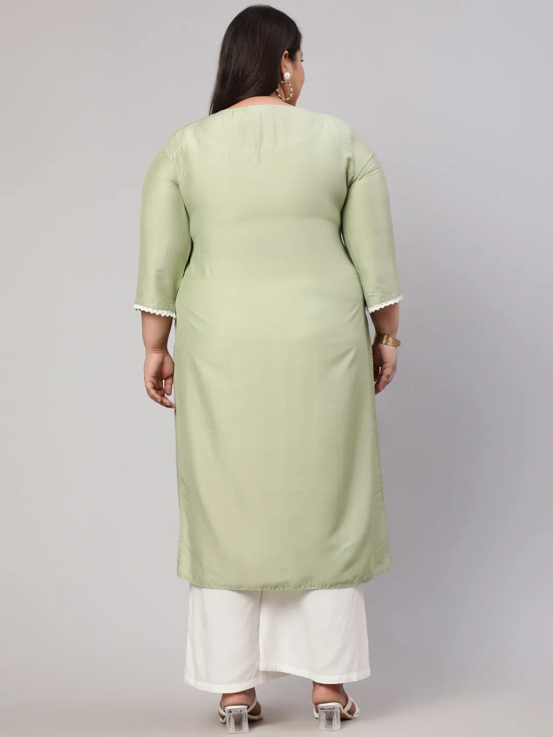 Plus Size Olive Green Chikankari Straight Kurta