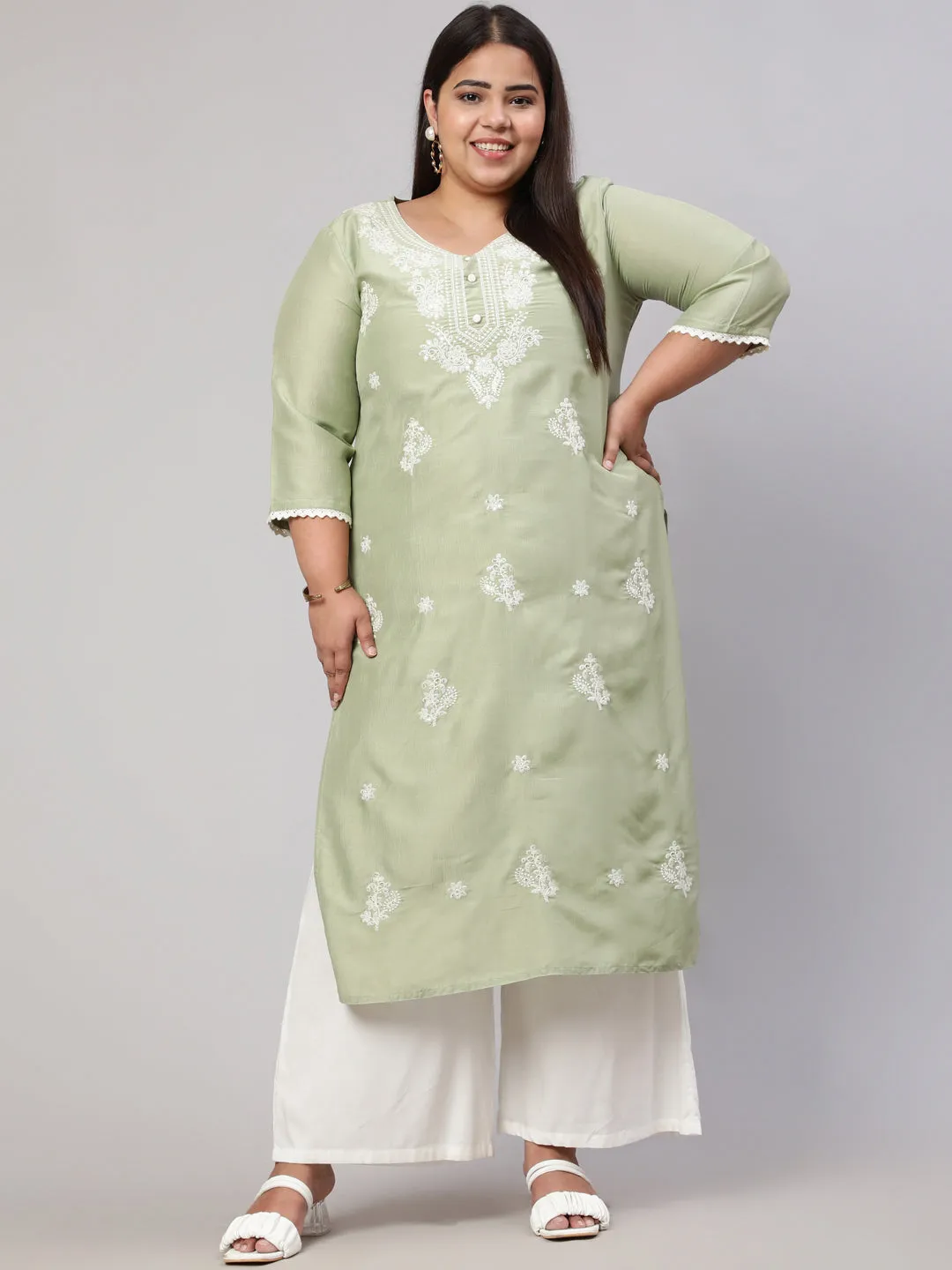 Plus Size Olive Green Chikankari Straight Kurta