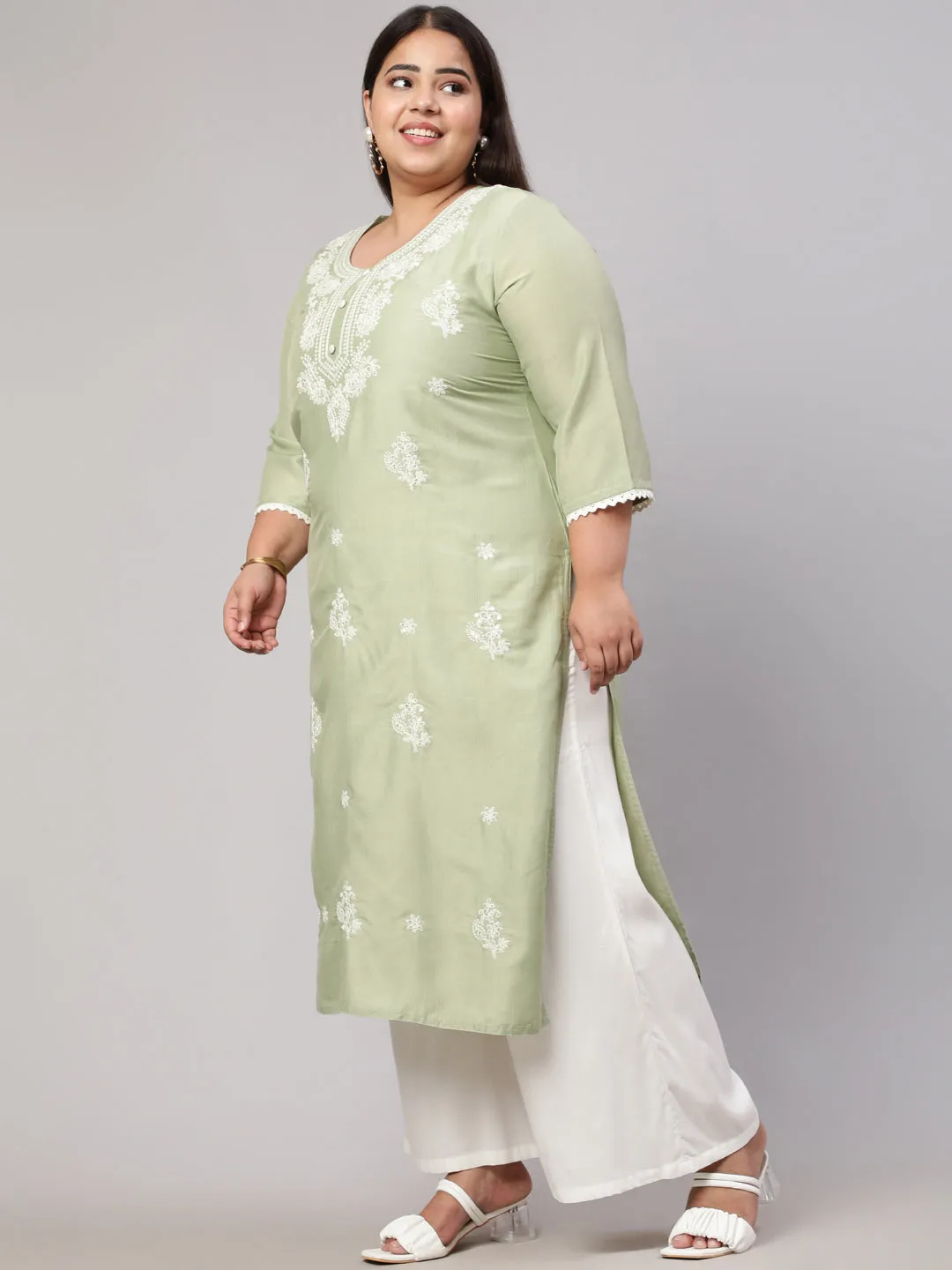 Plus Size Olive Green Chikankari Straight Kurta