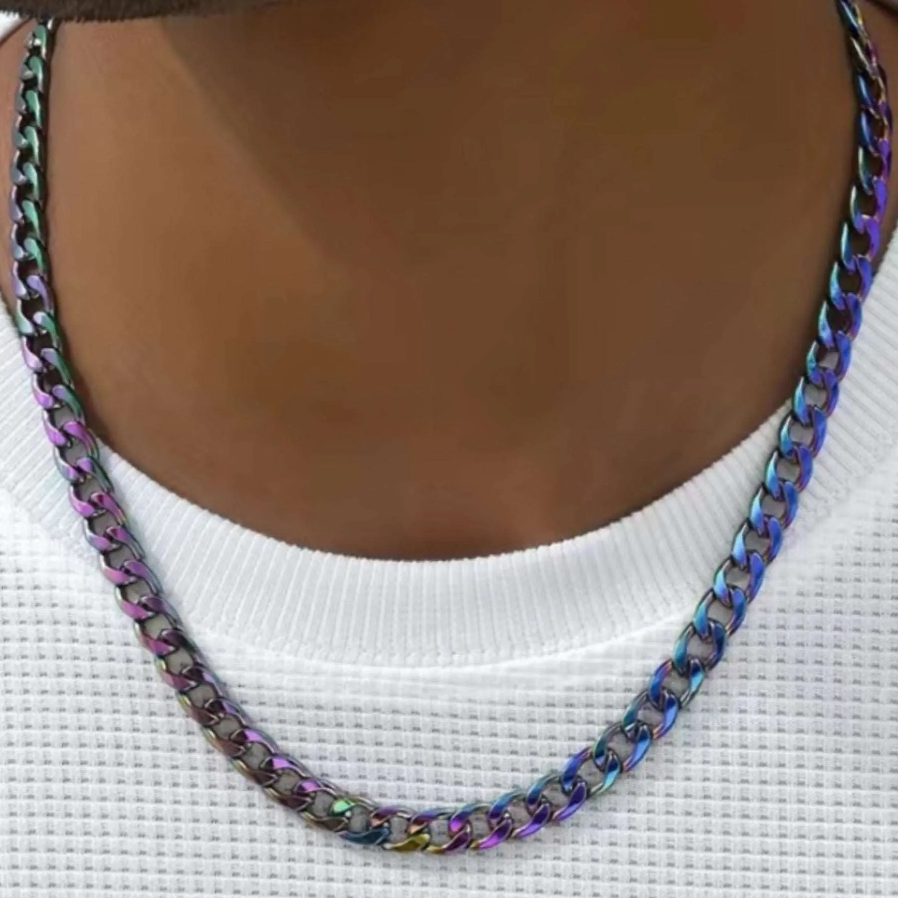 Rainbow Stainless Steel Cuban Chain Hip Hop Style Necklace