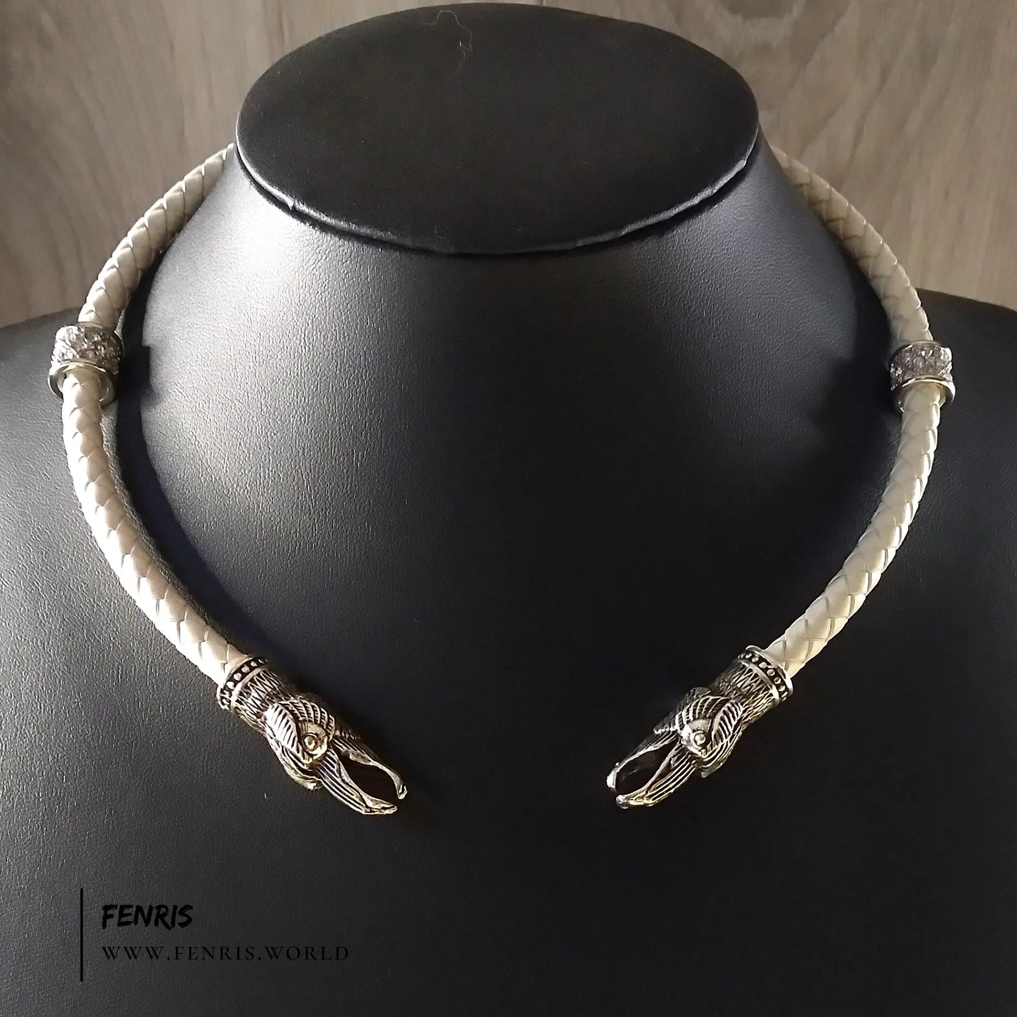 Raven Torc Necklace White Leather Wedding Silver - Fenris