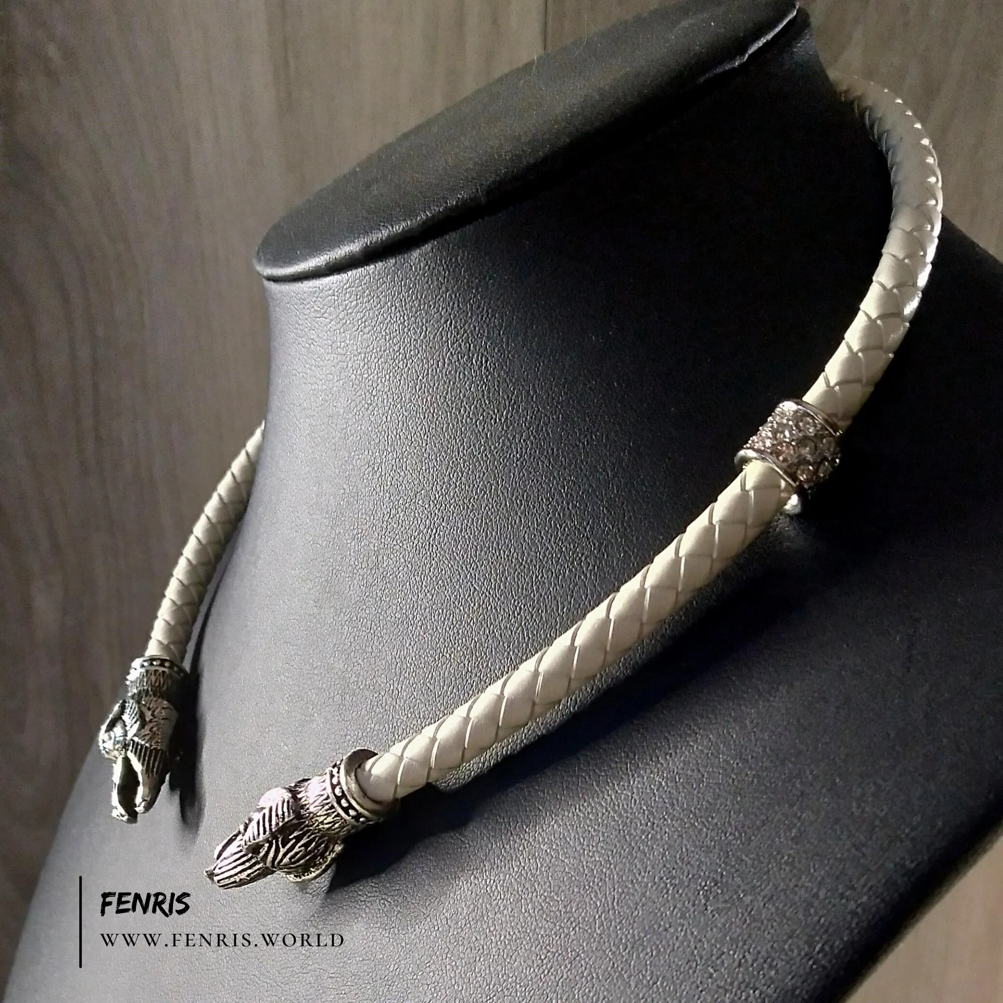 Raven Torc Necklace White Leather Wedding Silver - Fenris