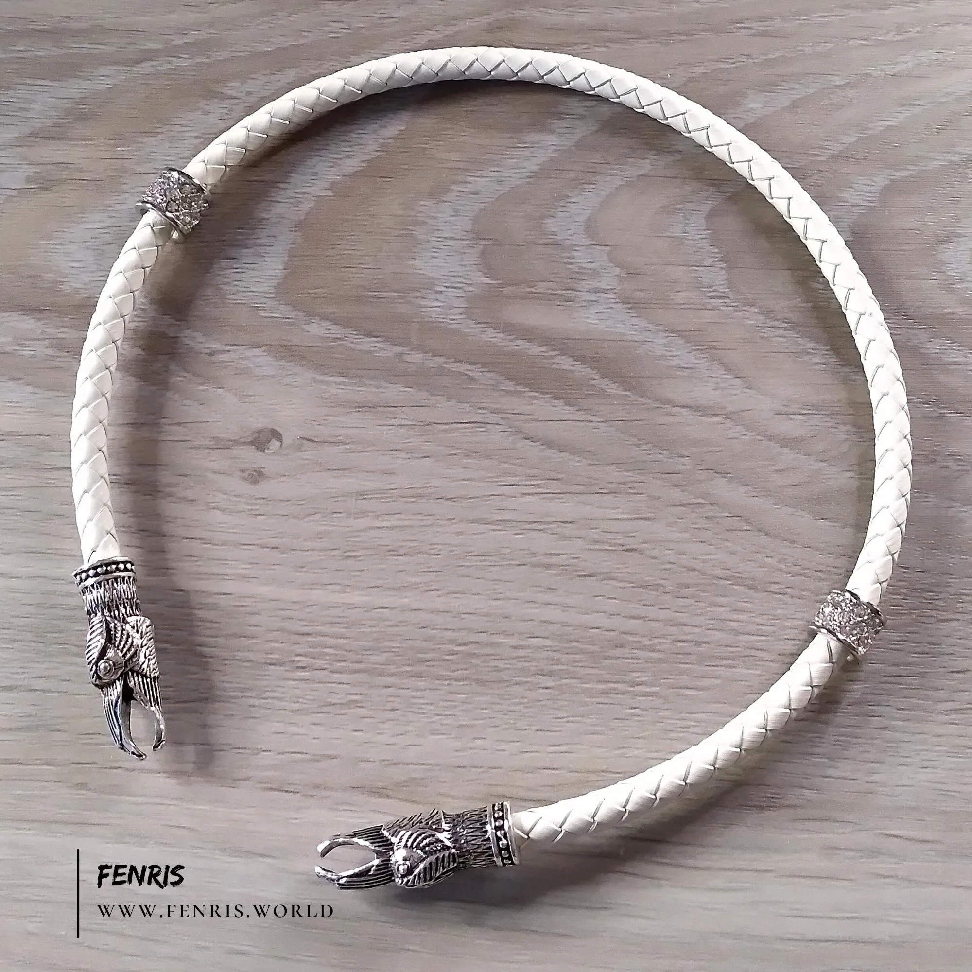 Raven Torc Necklace White Leather Wedding Silver - Fenris