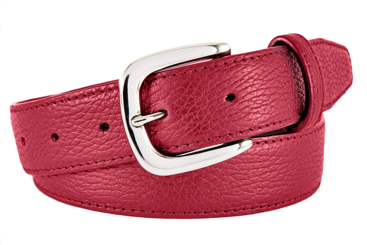 Red Pebbled Leather Belt, Hudson Buckle (Shiny Silver)