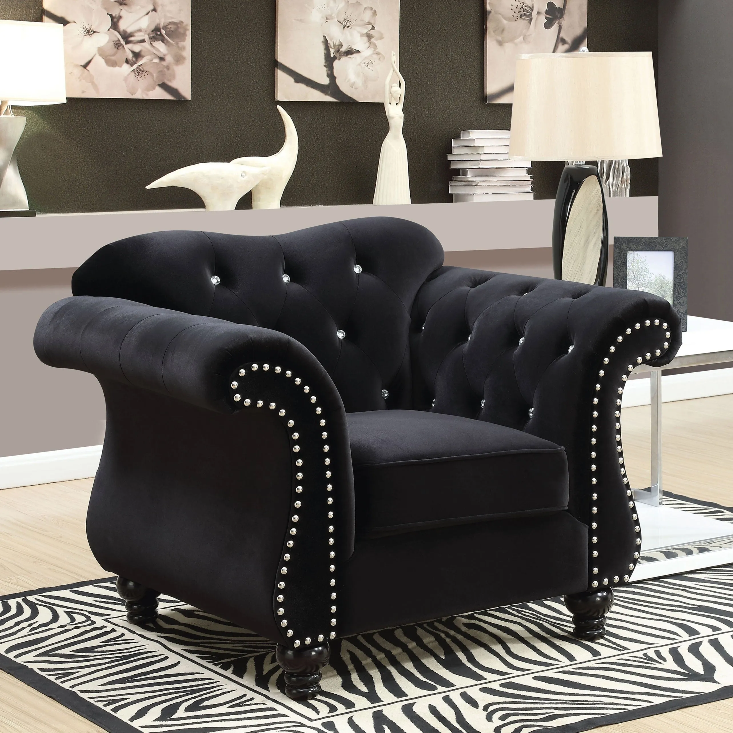 Roxy Contemporary Nailhead Embellished Flannelette Arm Chair, Black