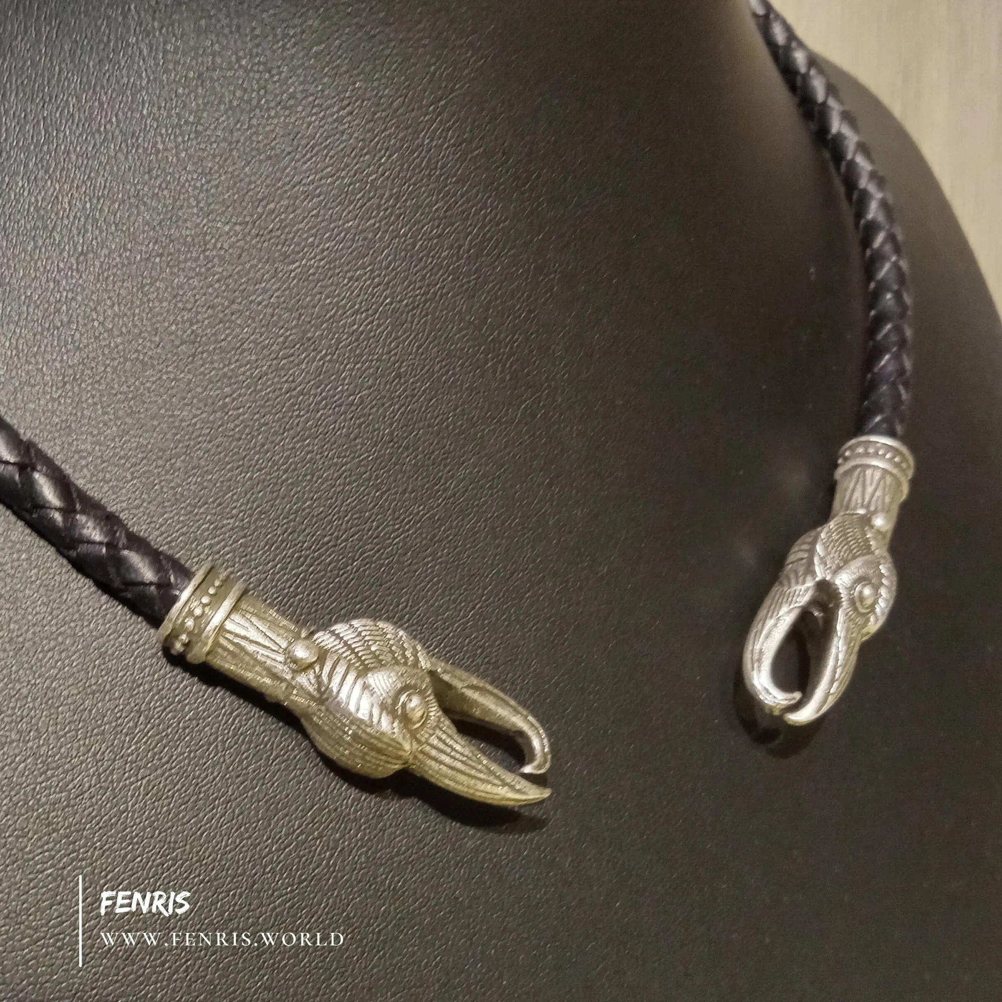 Silver Big Raven Torc Black Leather | Fenris