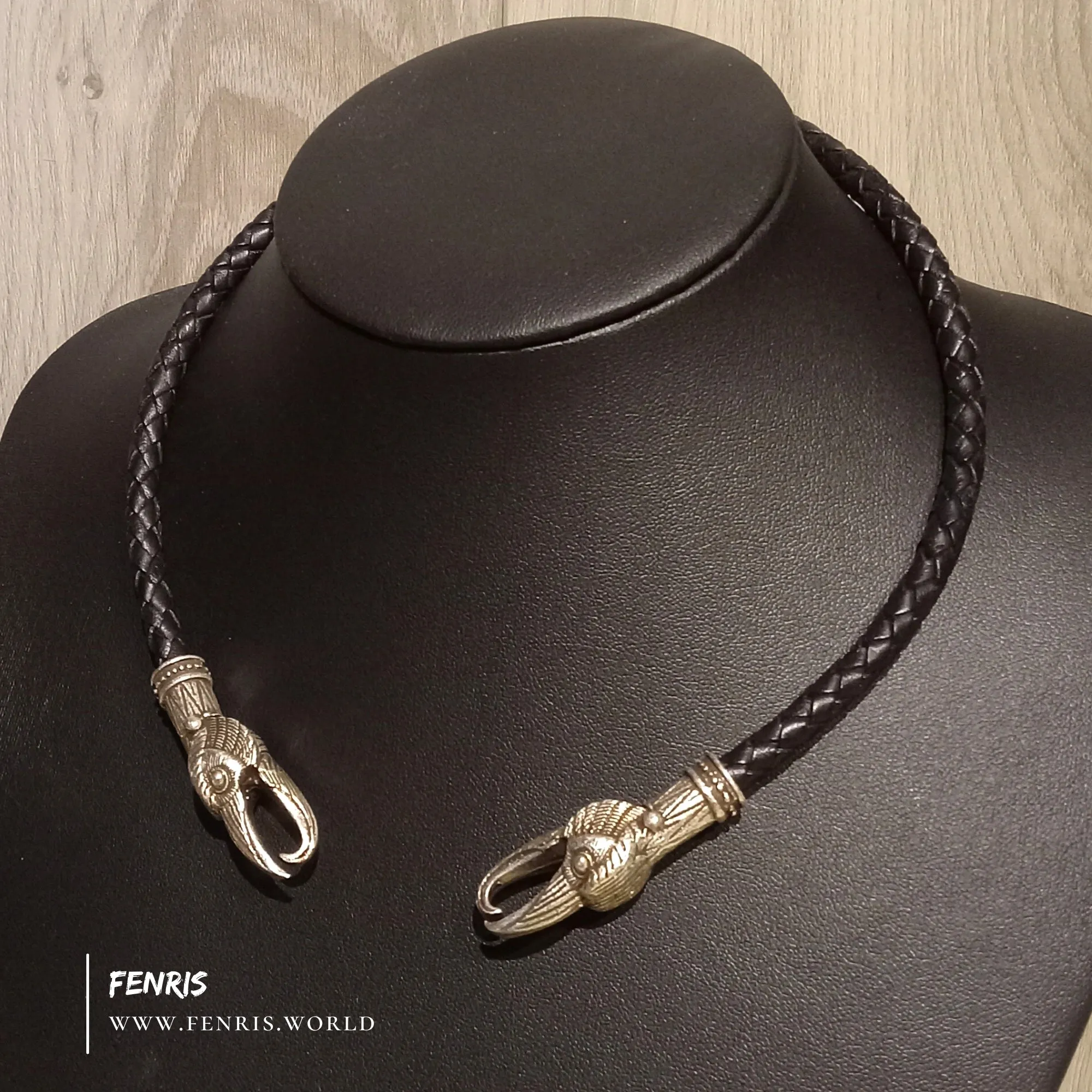 Silver Big Raven Torc Black Leather | Fenris