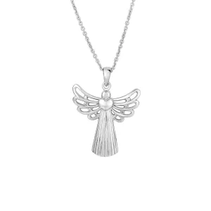 Silver with Rhodium Finish 31X24mm Open Wing Angel Fancy Pendant On 18 inches Silver 1.4mm Cable Chain with Lobster Clap