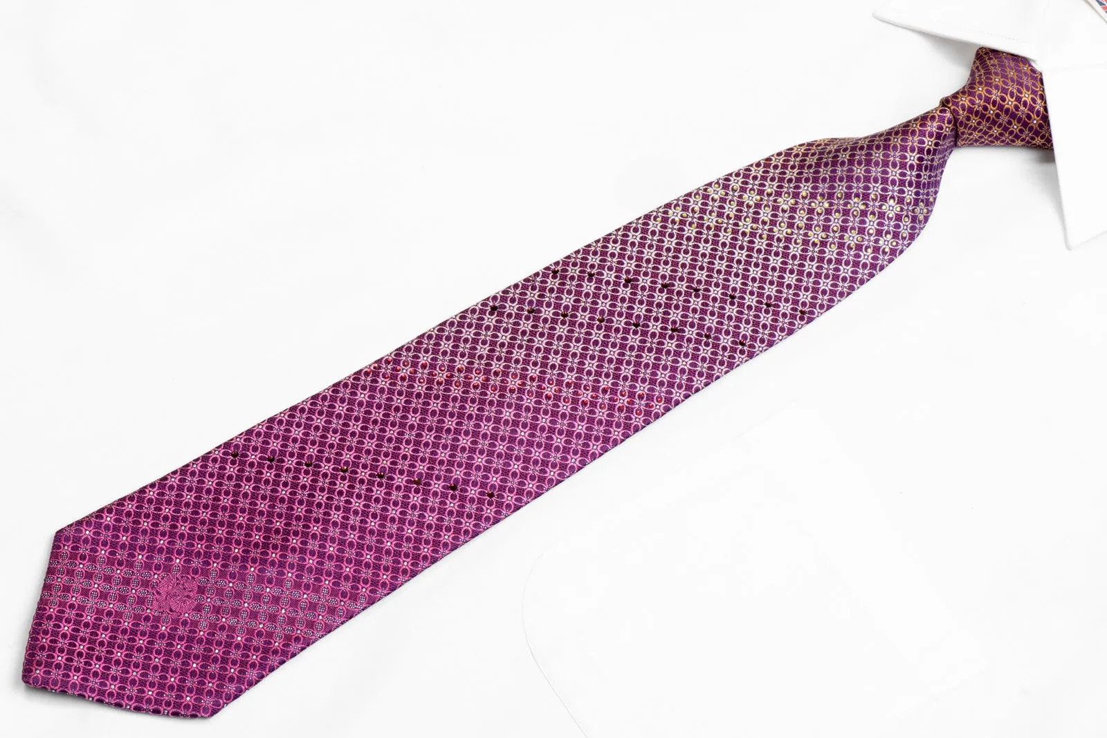 Silver Yellow Geometric On Purple Rhinestone Silk Necktie With Sparkles