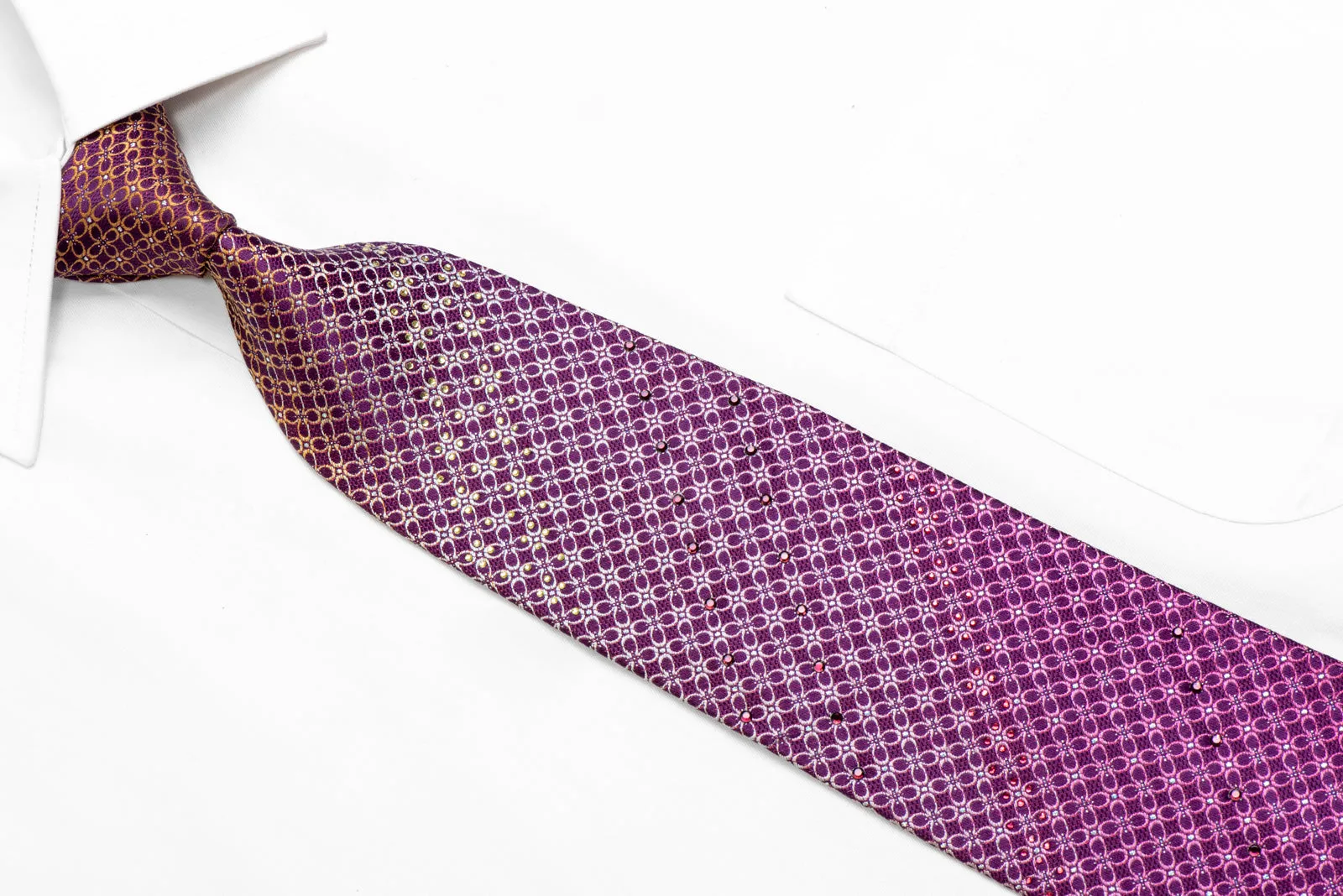 Silver Yellow Geometric On Purple Rhinestone Silk Necktie With Sparkles