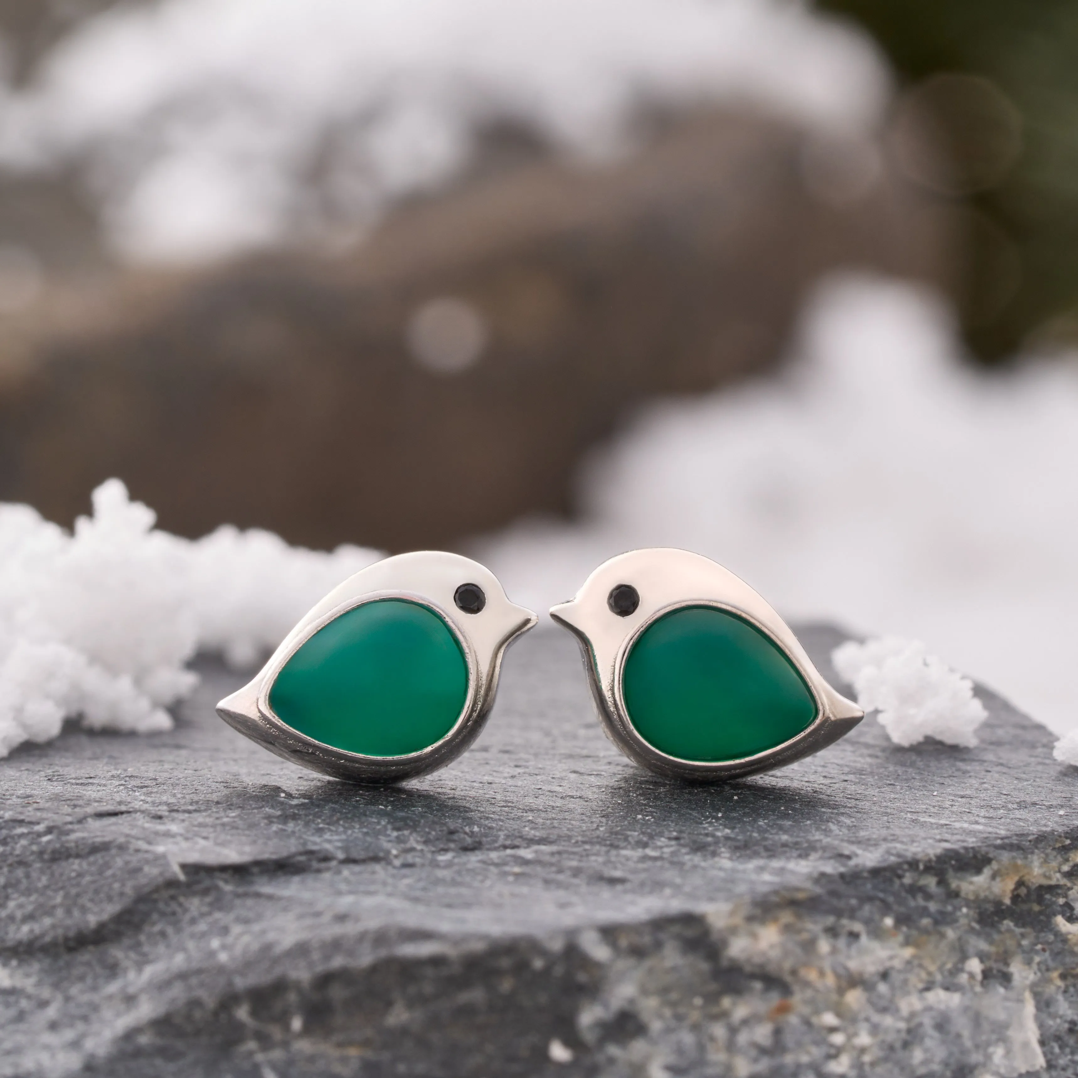 Sterling Silver Green Agate Gemstone Birdie Studs