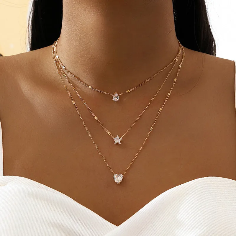 Stunning Rhinestone Necklace Set Zircon Heart  Star Charms