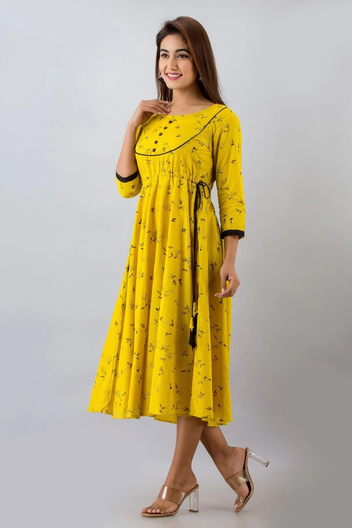 Svarchi Womens Cotton & Rayon Blend Floral Print Anarkali Kurta (Yellow)