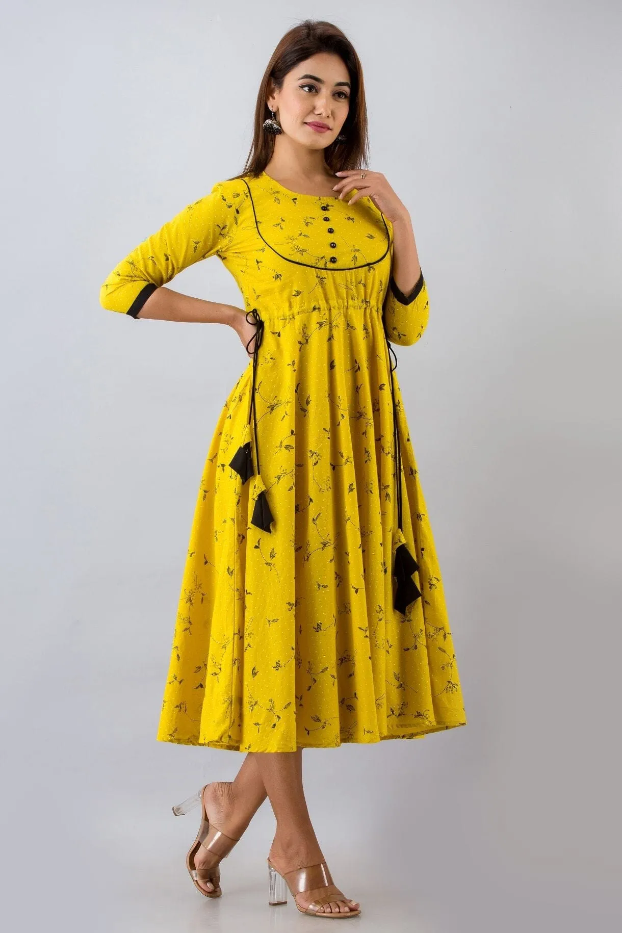 Svarchi Womens Cotton & Rayon Blend Floral Print Anarkali Kurta (Yellow)