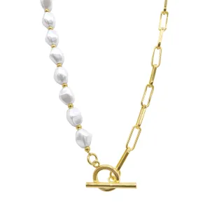 Tarnish Resistant 14k Gold Plated Pearl and Paper Clip Chain Toggle Necklace