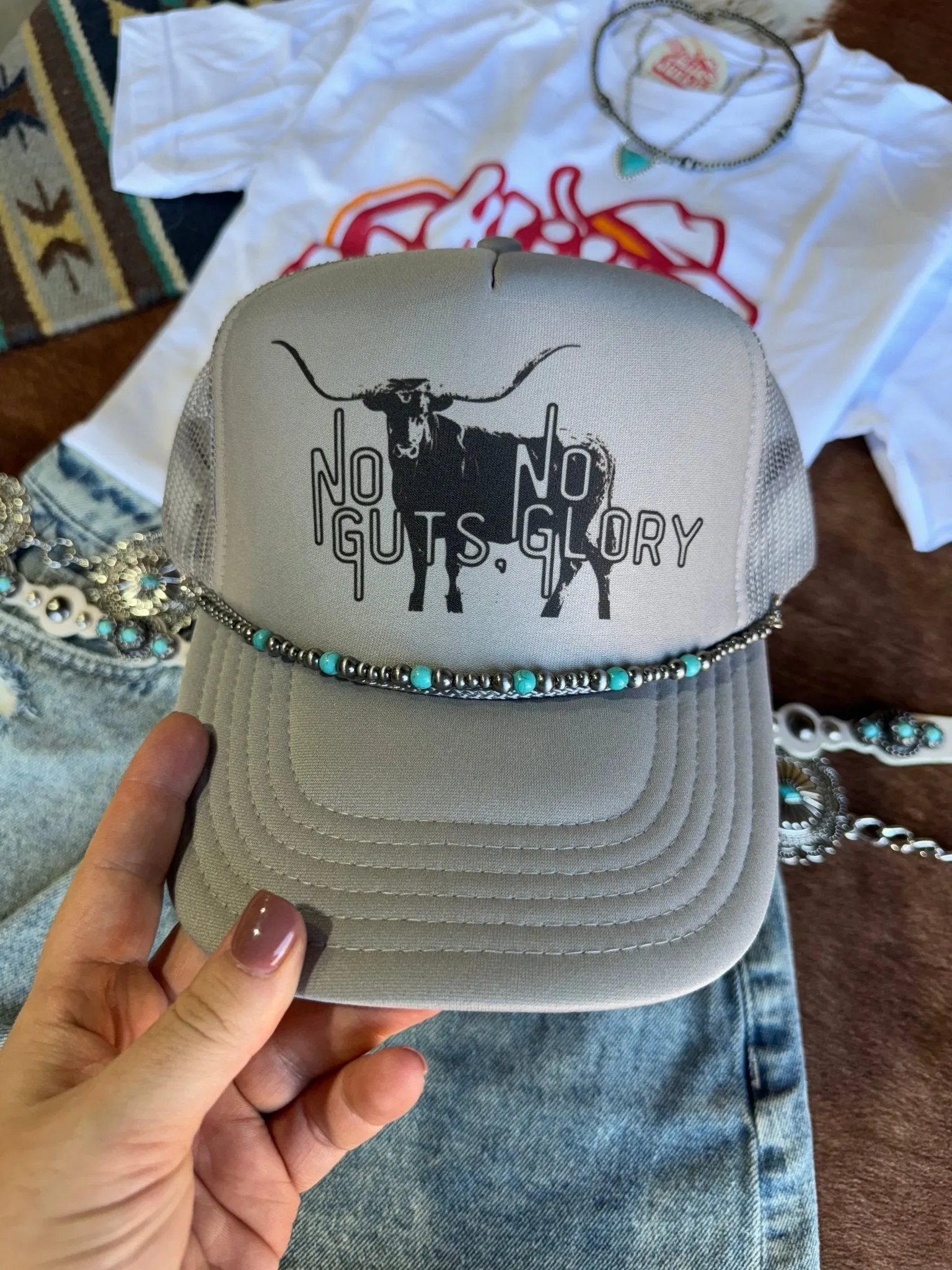 Turquoise and Silver Pearl Hat Chain