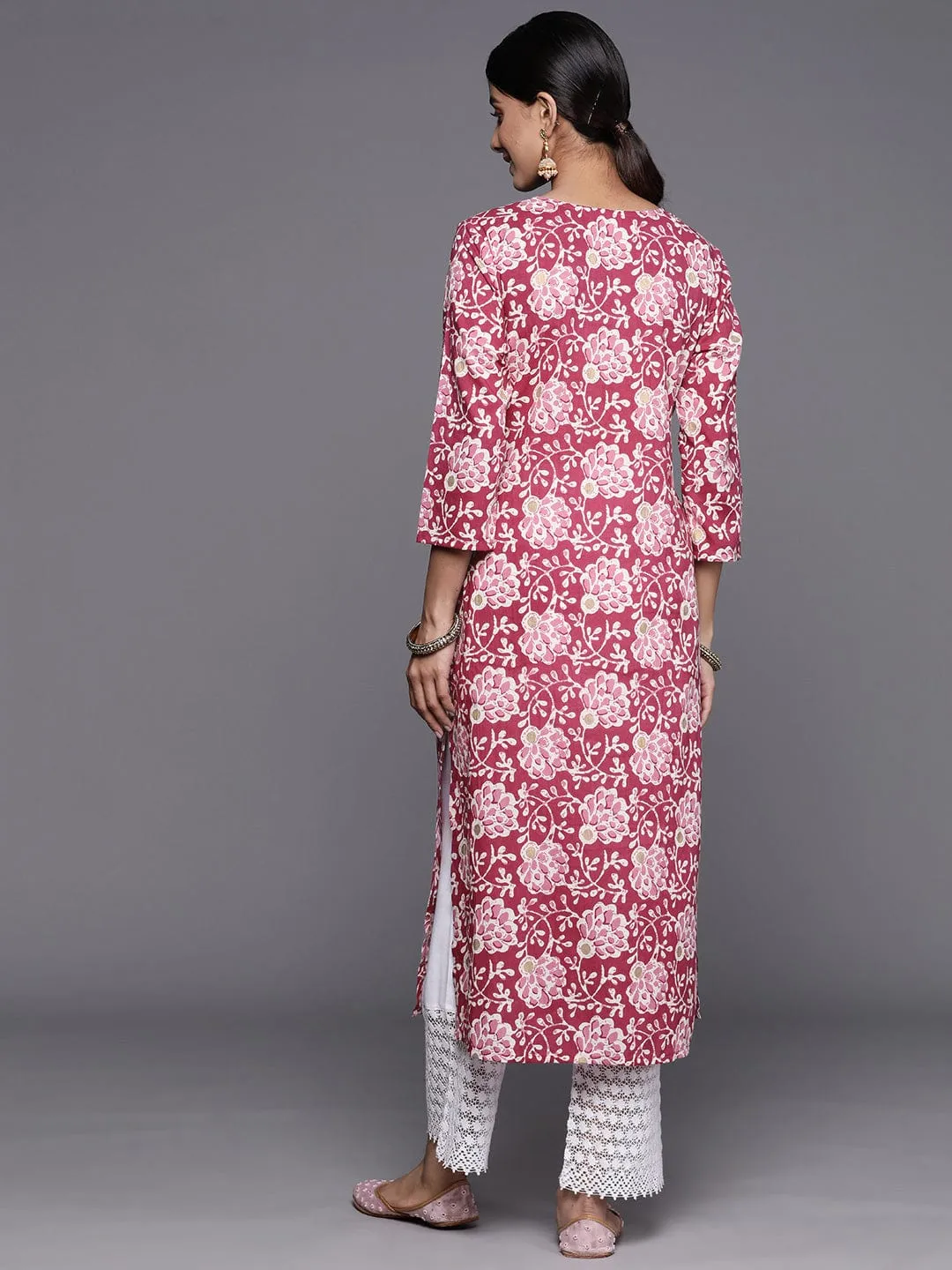 Varanga Pink and White Floral Printed Floral Kurta