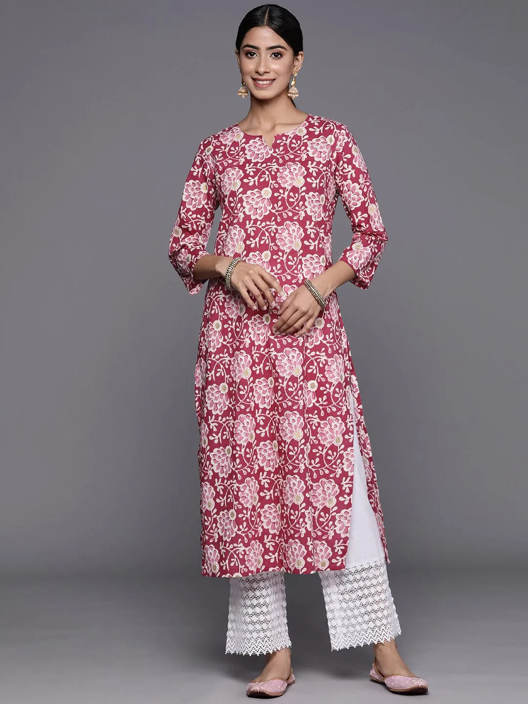 Varanga Pink and White Floral Printed Floral Kurta