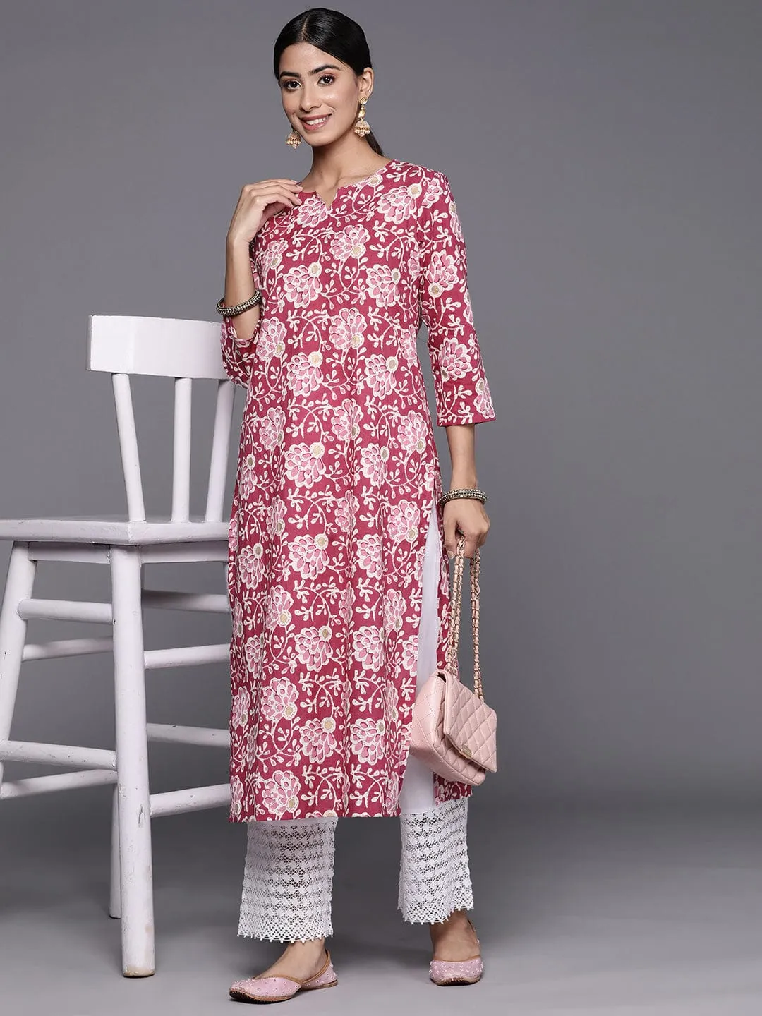 Varanga Pink and White Floral Printed Floral Kurta