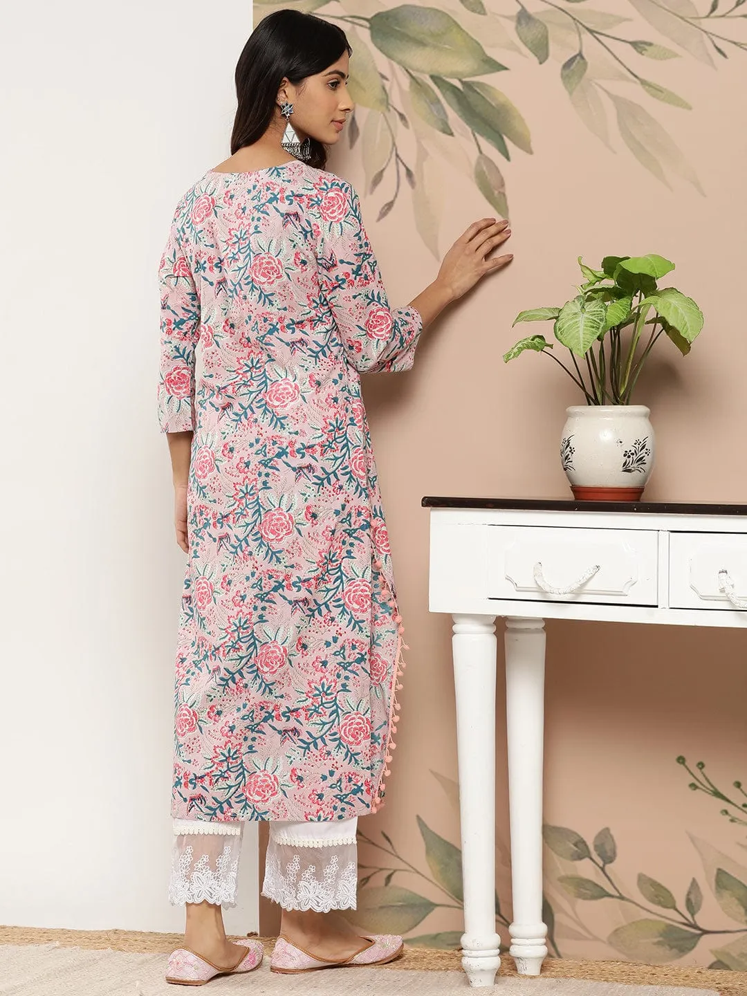 varanga women pink teal floral printed floral kurta