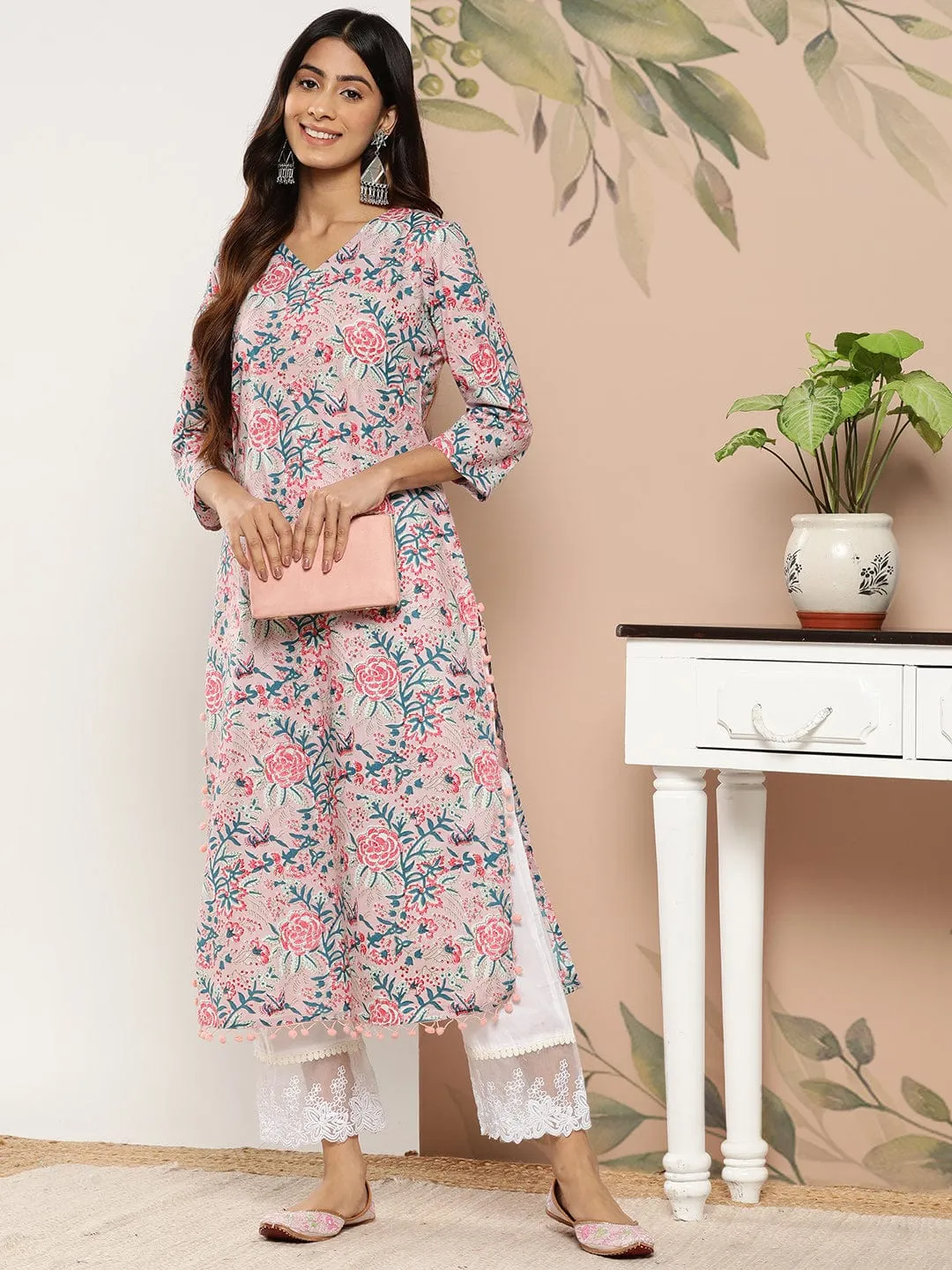 varanga women pink teal floral printed floral kurta