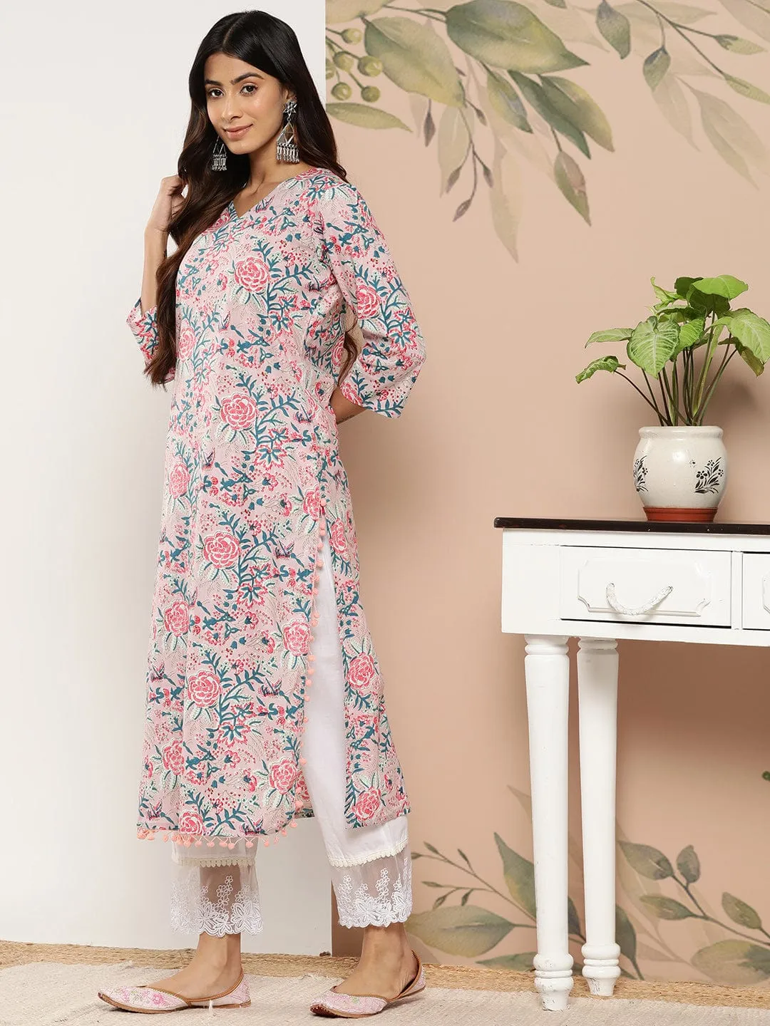 varanga women pink teal floral printed floral kurta