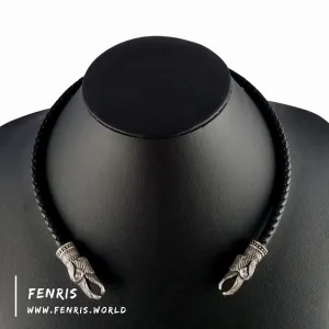 Viking Torc Silver Raven Black Leather | Fenris