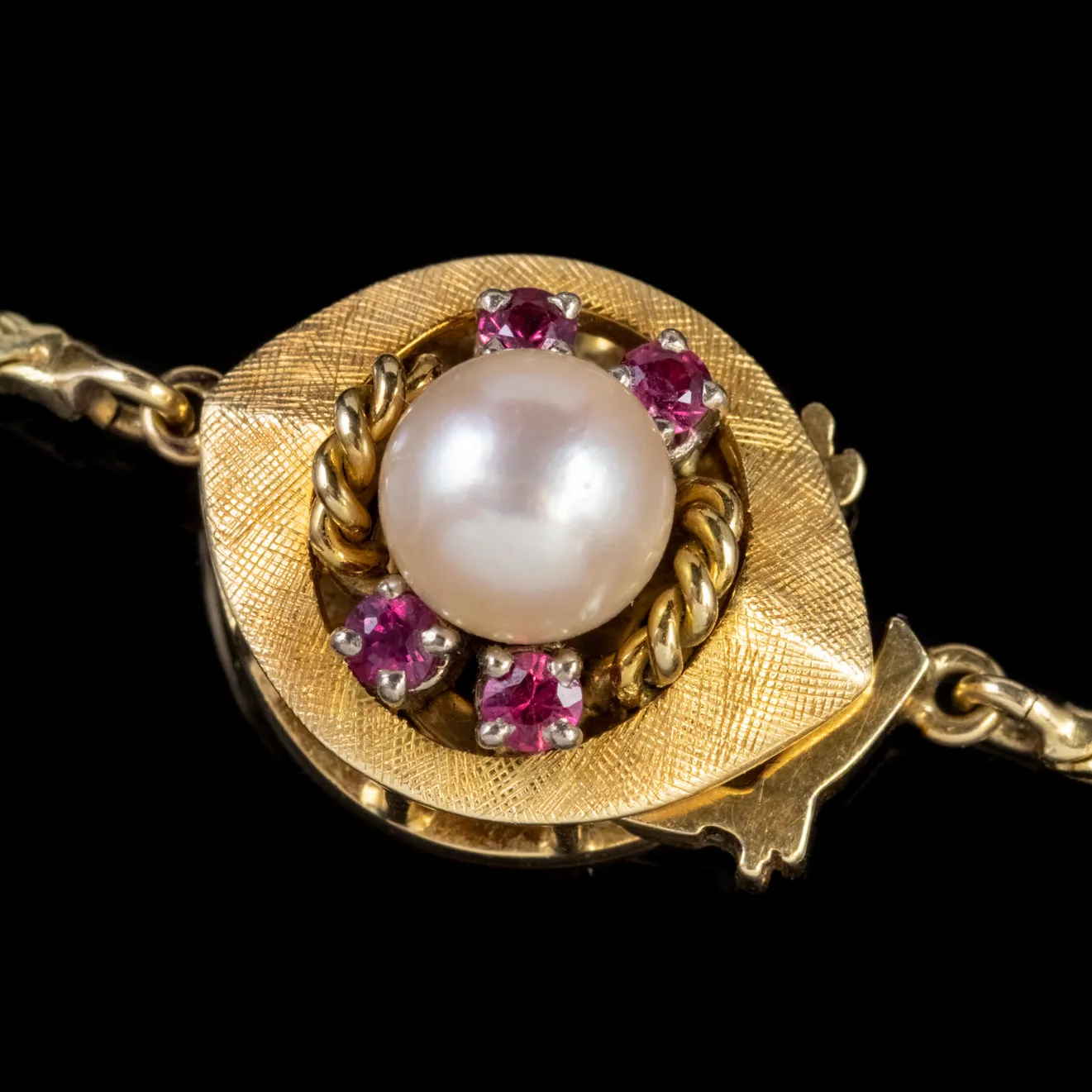 Vintage 14Ct Gold Ball Chain Necklace Pearl Ruby Clasp Circa 1960