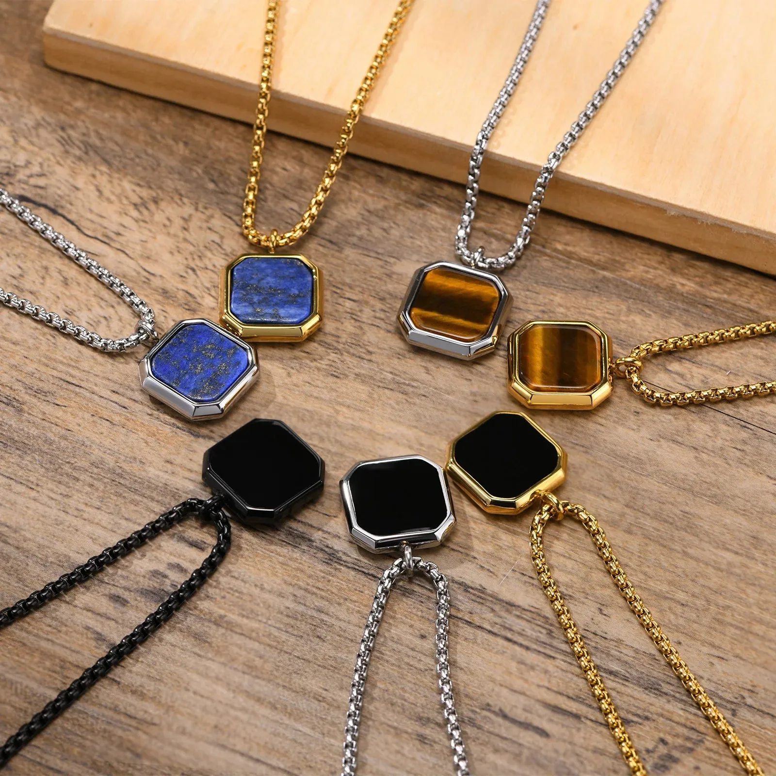 Vnox Square Natural Stone Necklaces for Men, Stylish Punk Stainless Steel Geometric Polygon Pendant Boy Male Gift Jewelry