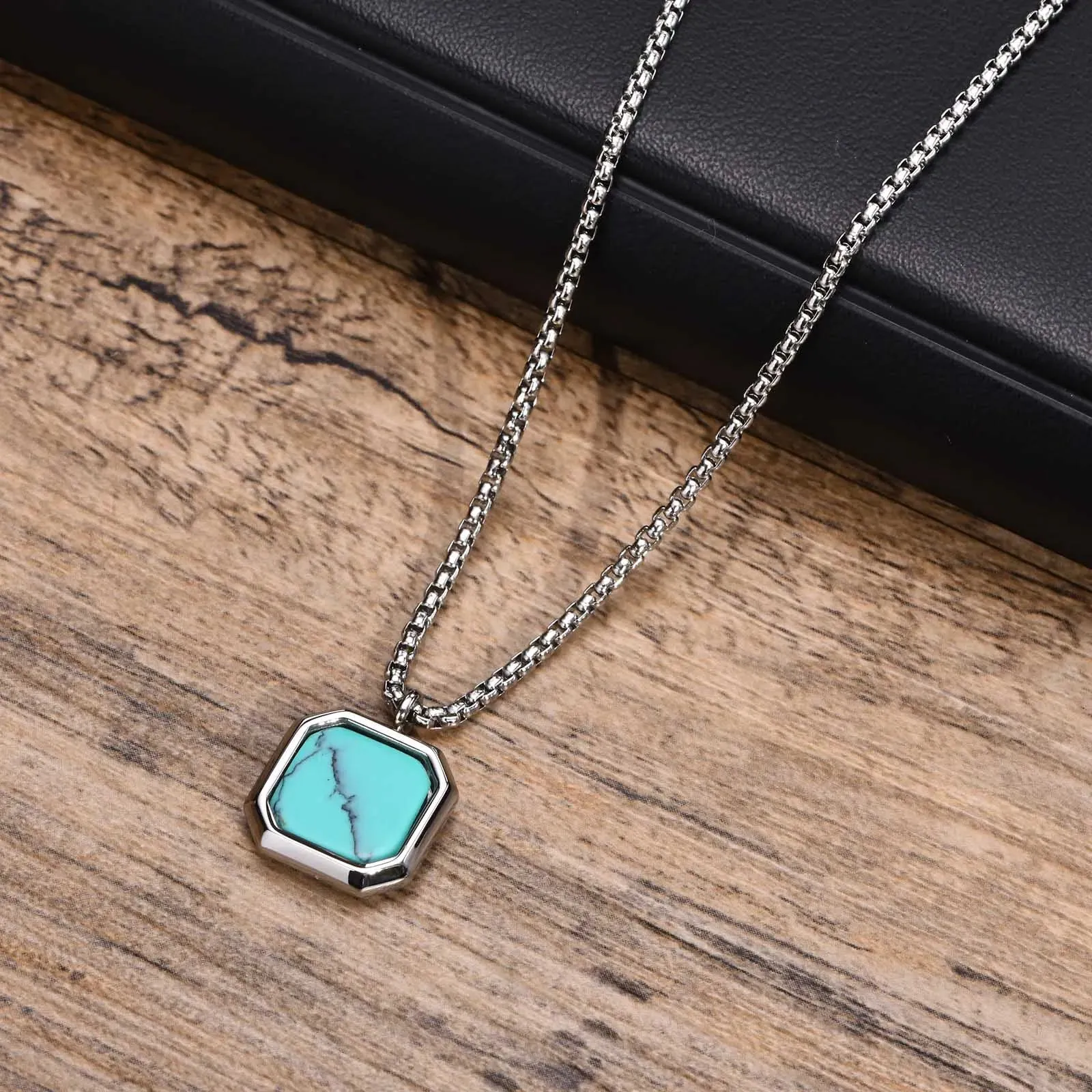 Vnox Square Natural Stone Necklaces for Men, Stylish Punk Stainless Steel Geometric Polygon Pendant Boy Male Gift Jewelry