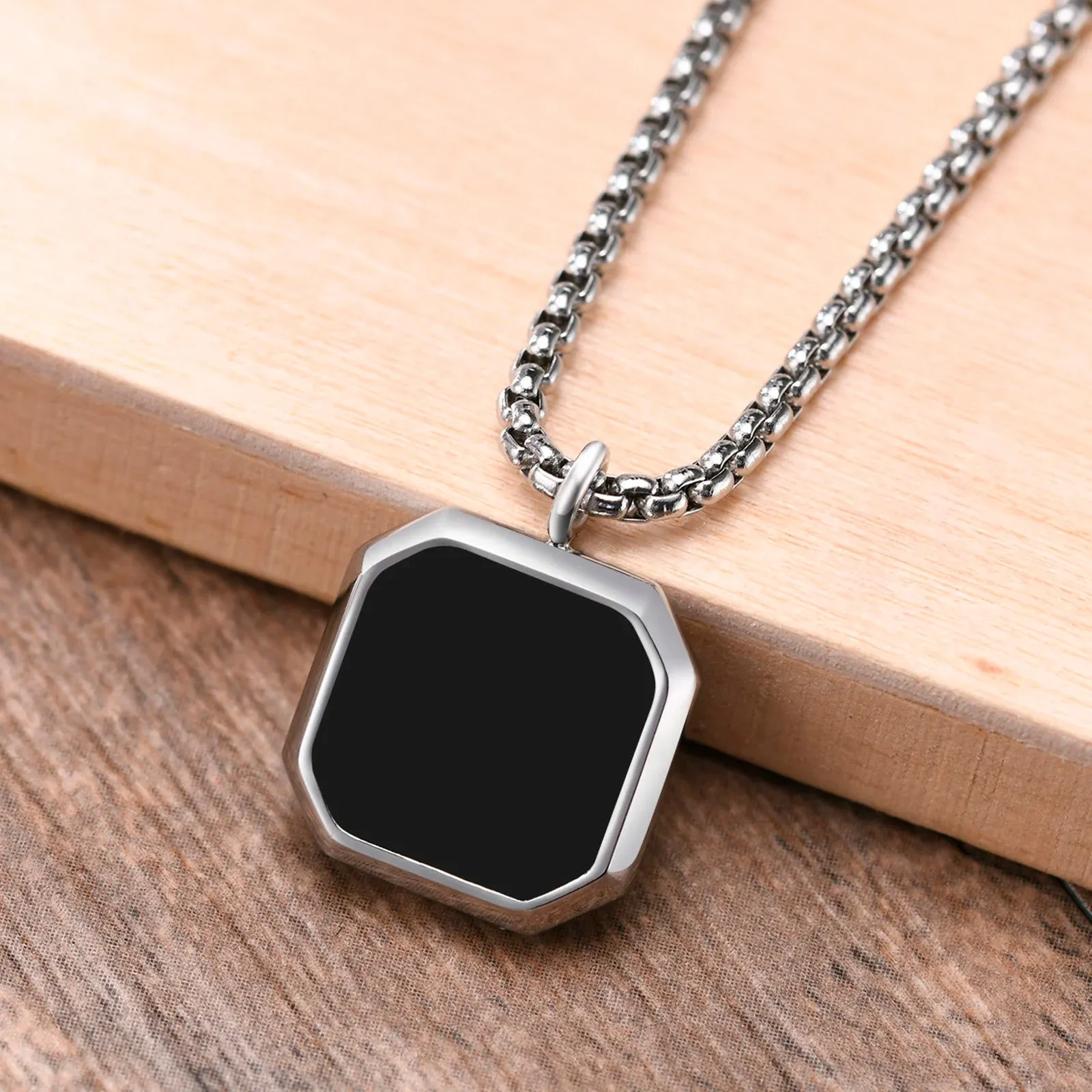 Vnox Square Natural Stone Necklaces for Men, Stylish Punk Stainless Steel Geometric Polygon Pendant Boy Male Gift Jewelry