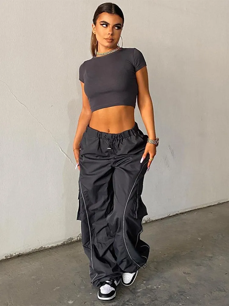 Wenkouban  2022 Loose Wide Leg Baggy Pants Women Hippie Casual Streetwear Low Waist Cargo Trousers Contrast Stitching Sweatpants